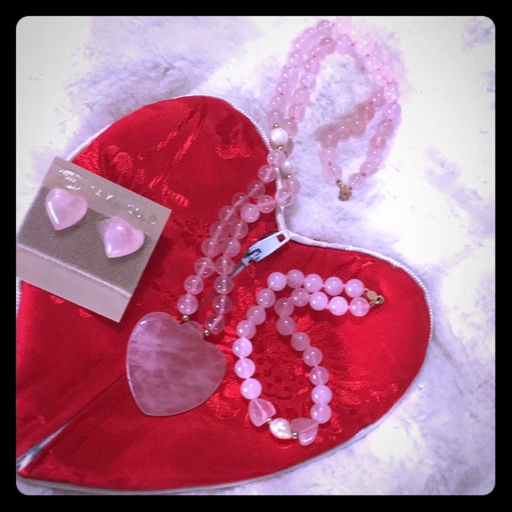 Pink jade heart jewelry set